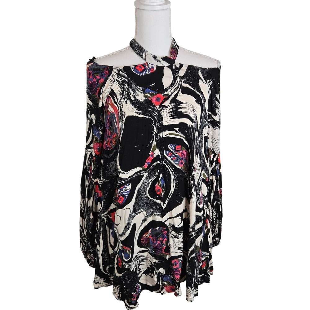 Free People Drift Away Mini‎ Dress Tunic Small Psychedelic Retro Cold Shoulder
